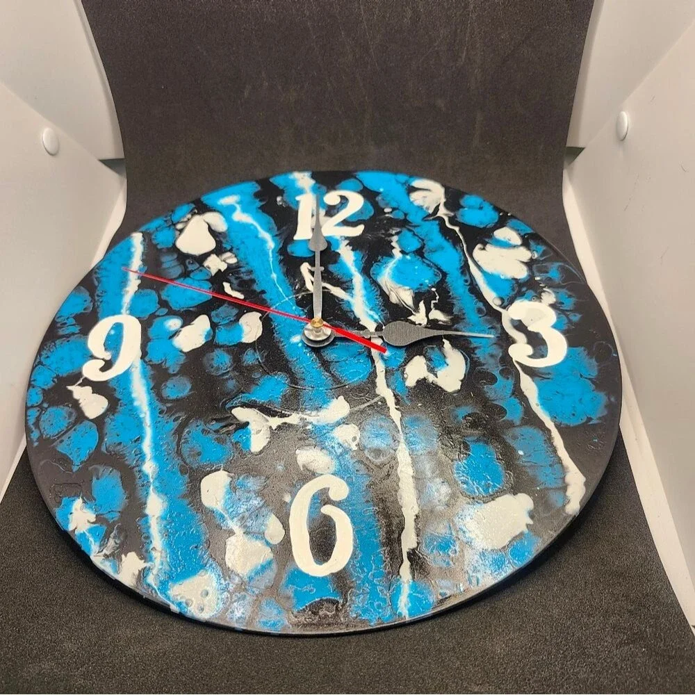 Hand Crafted Abstract Hanging Wall Clock Analog  Vinyl Record Fluid Art Decor